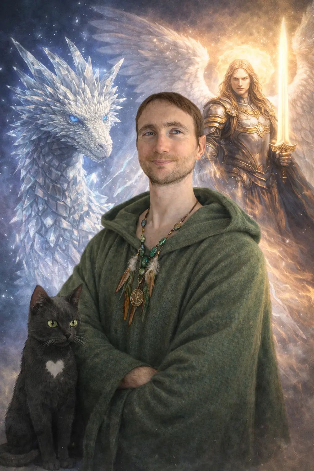 Iphégore et ses principaux guides : le chat Akata, un dragon de cristal et l'archange Mickaël